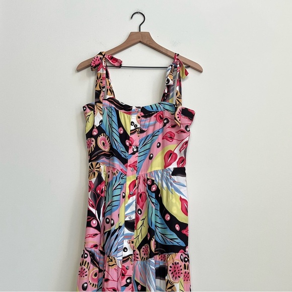 Hale Bob Elbise maxi Dress XS Tropical Floral Tiered Bow Button Down Colorful - Picture 4 of 15